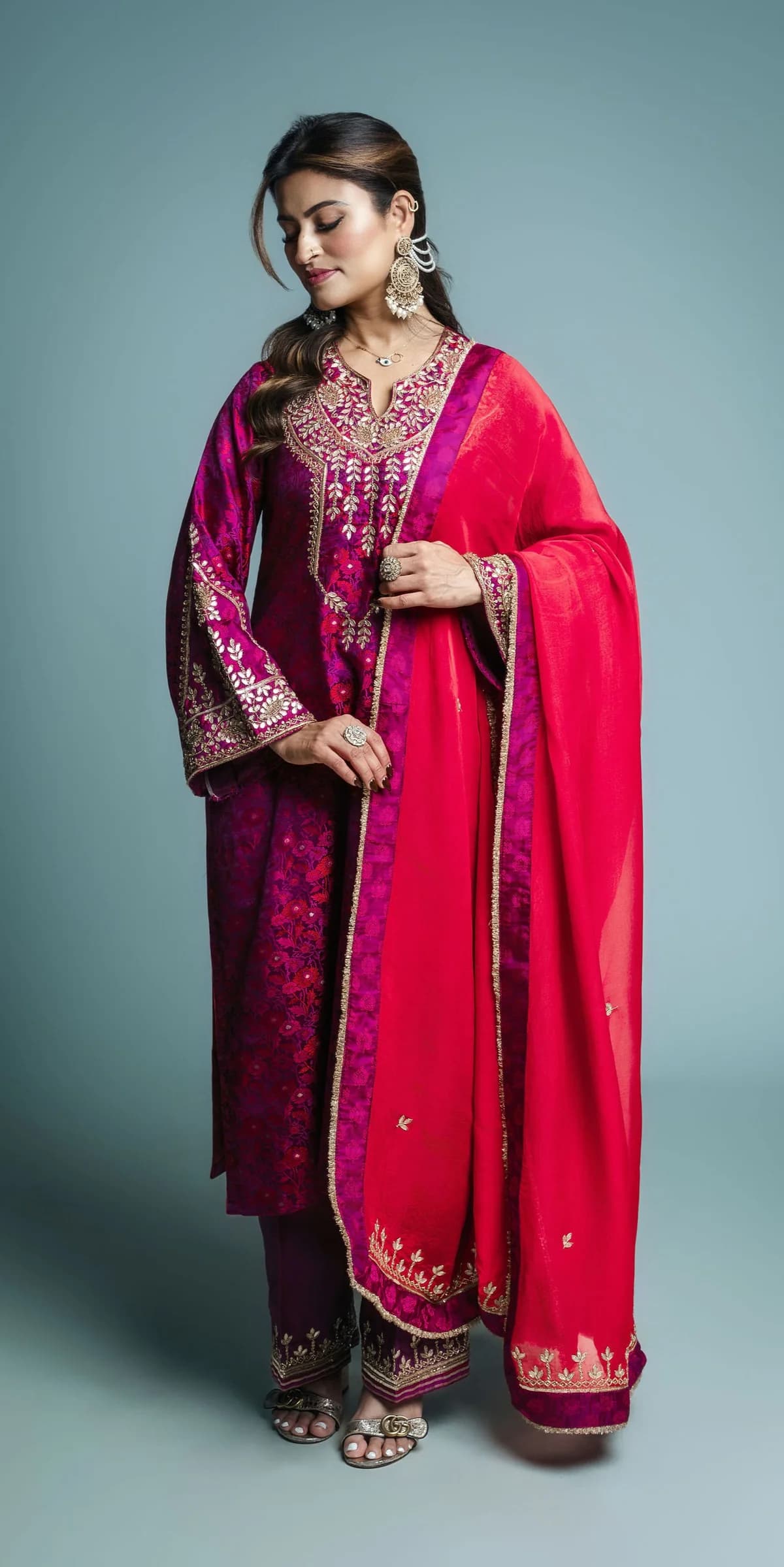 Magenta Orange Gota Patti Suit view 3