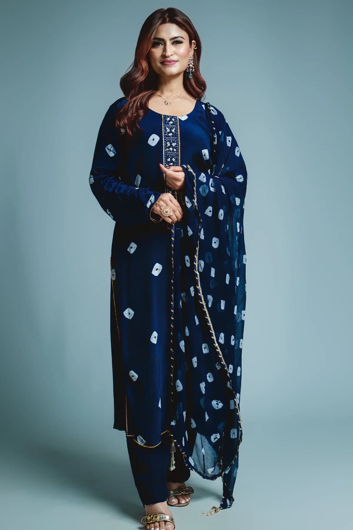 Royal Blue Crepe Bandhani suit set view 1