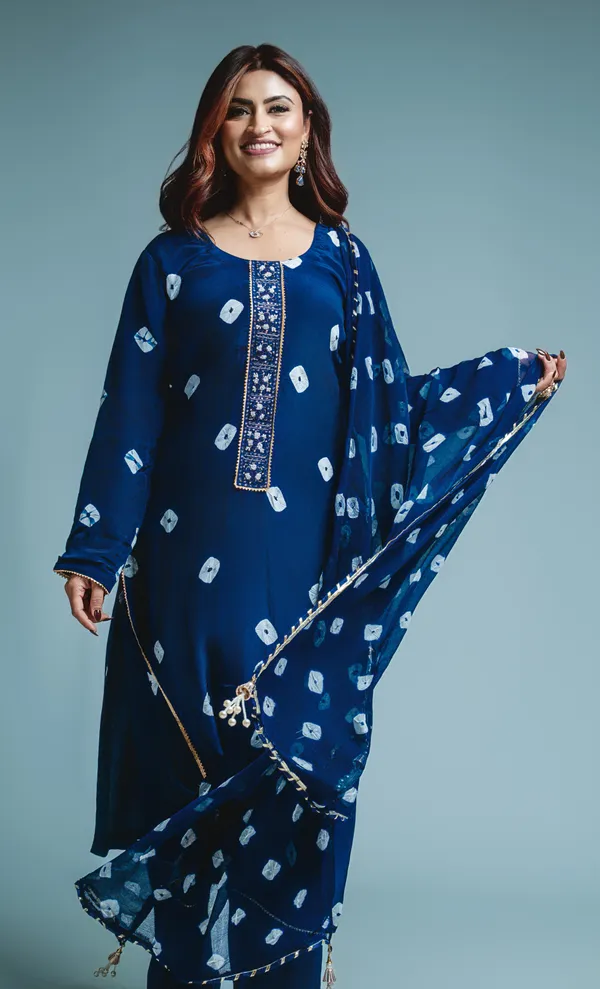 Royal Blue Crepe Bandhani suit set thumbnail 2