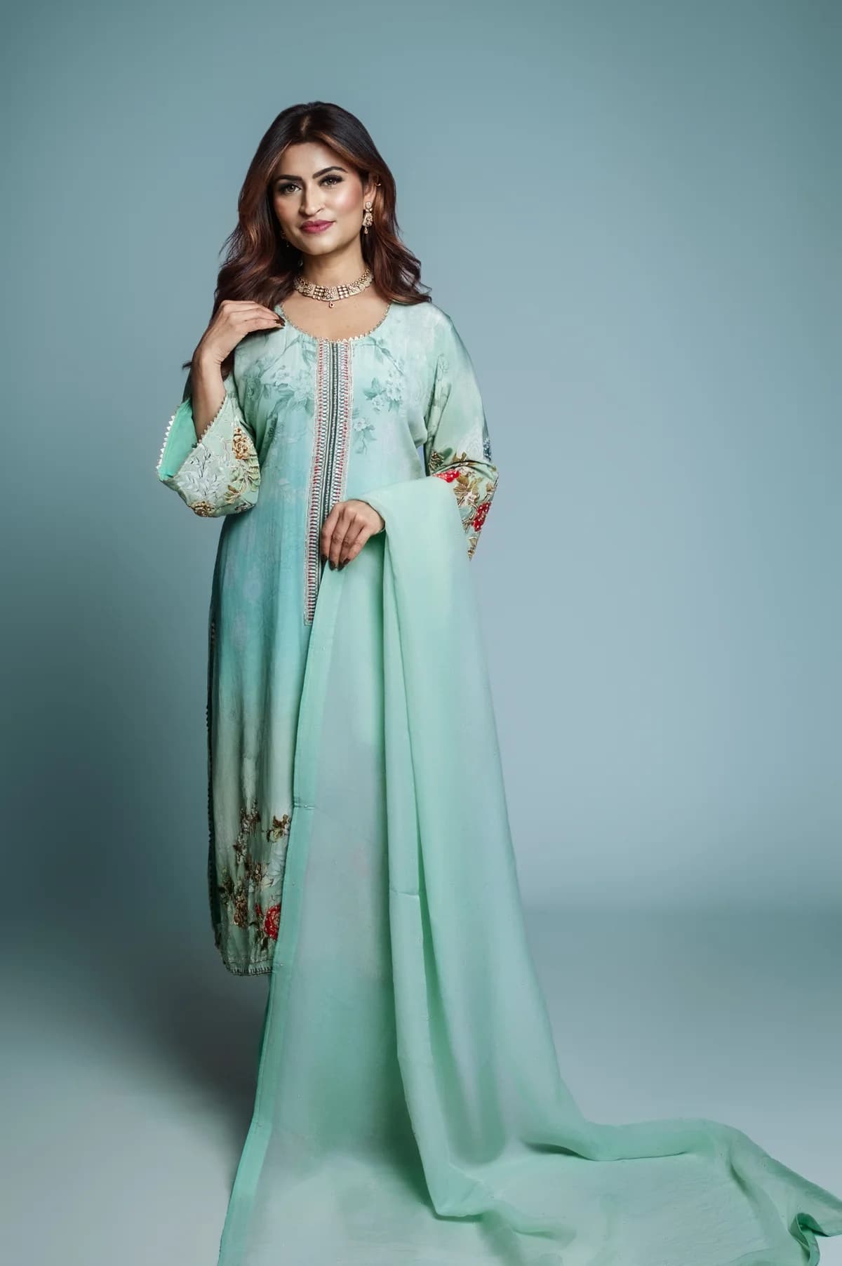 Sea Green Semi-Crepe Suit Set view 1
